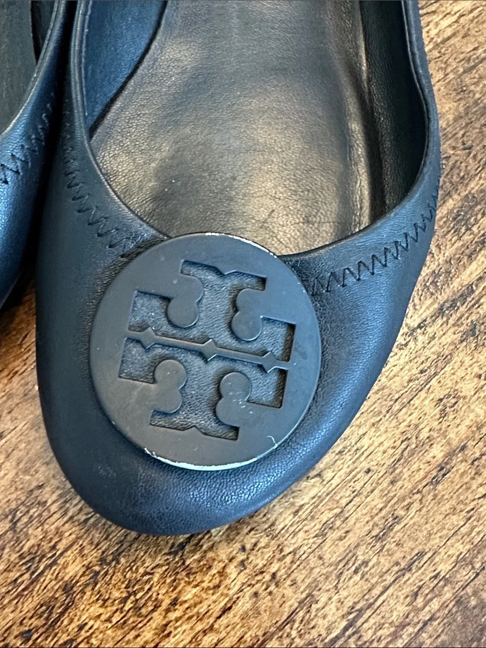 Tory Burch | Minnie Travel Ballet Flats Black Leather Tonal Logo, Size 7.5